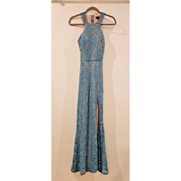 Jodi Kristopher Ball Gown Prom Dress Mermaid‎ Halter Slit Teal Blue & Tan Size 3 - Picture 1 of 14